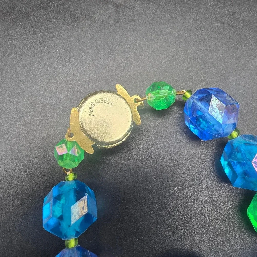 West Germany Blue Green Beaded Necklace Aurora Borealis Plastic Vintage